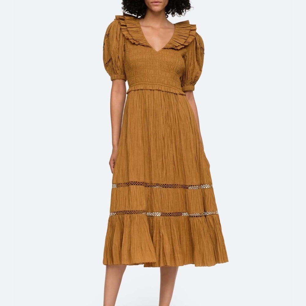 Sea Mustard Puff-Sleeve Midi Dress with Ruffle Collar